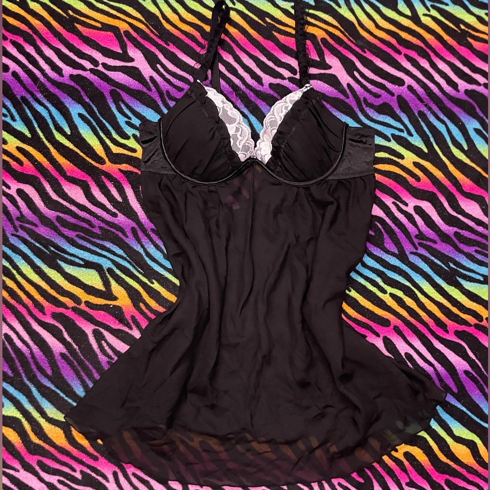 Y2k Babydoll Black Slip dress with White Lace Accents